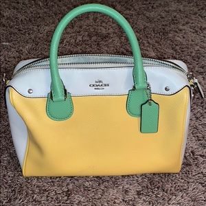 Yellow & White Coach Purse with Green Handles
